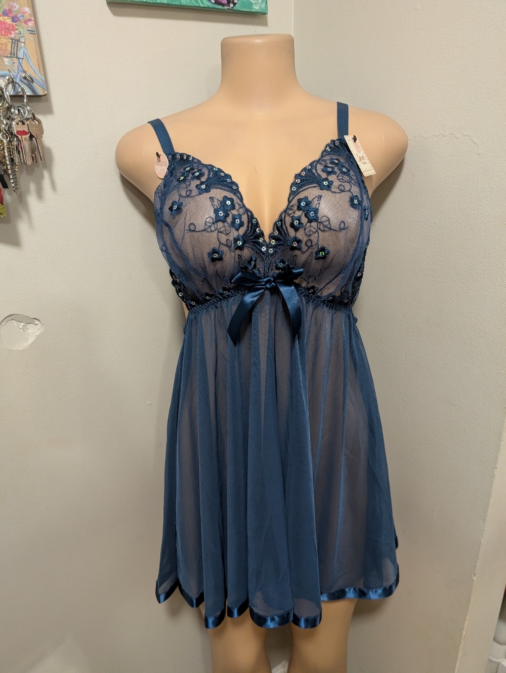 Spree Intimates Blue Lace Embroidered Babydoll Chemise - Size 1X